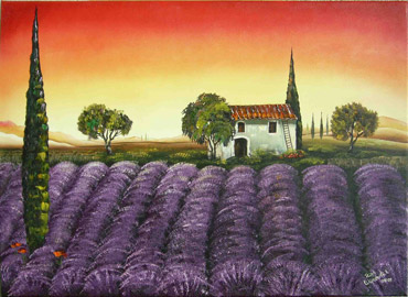 Lavendelfeld vorm Haus